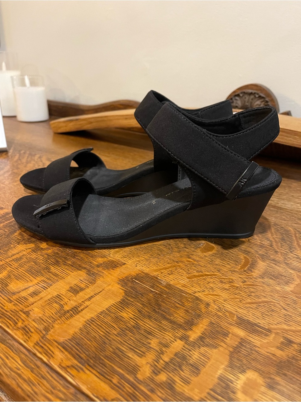 Anne Klein Black Elastic-Strap Wedge Sandals